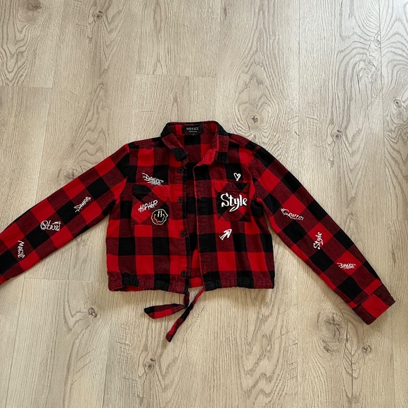 Noizz Graffiti Red Button Down Plaid Shirt Front Tie Sz. 7 - Picture 4 of 5